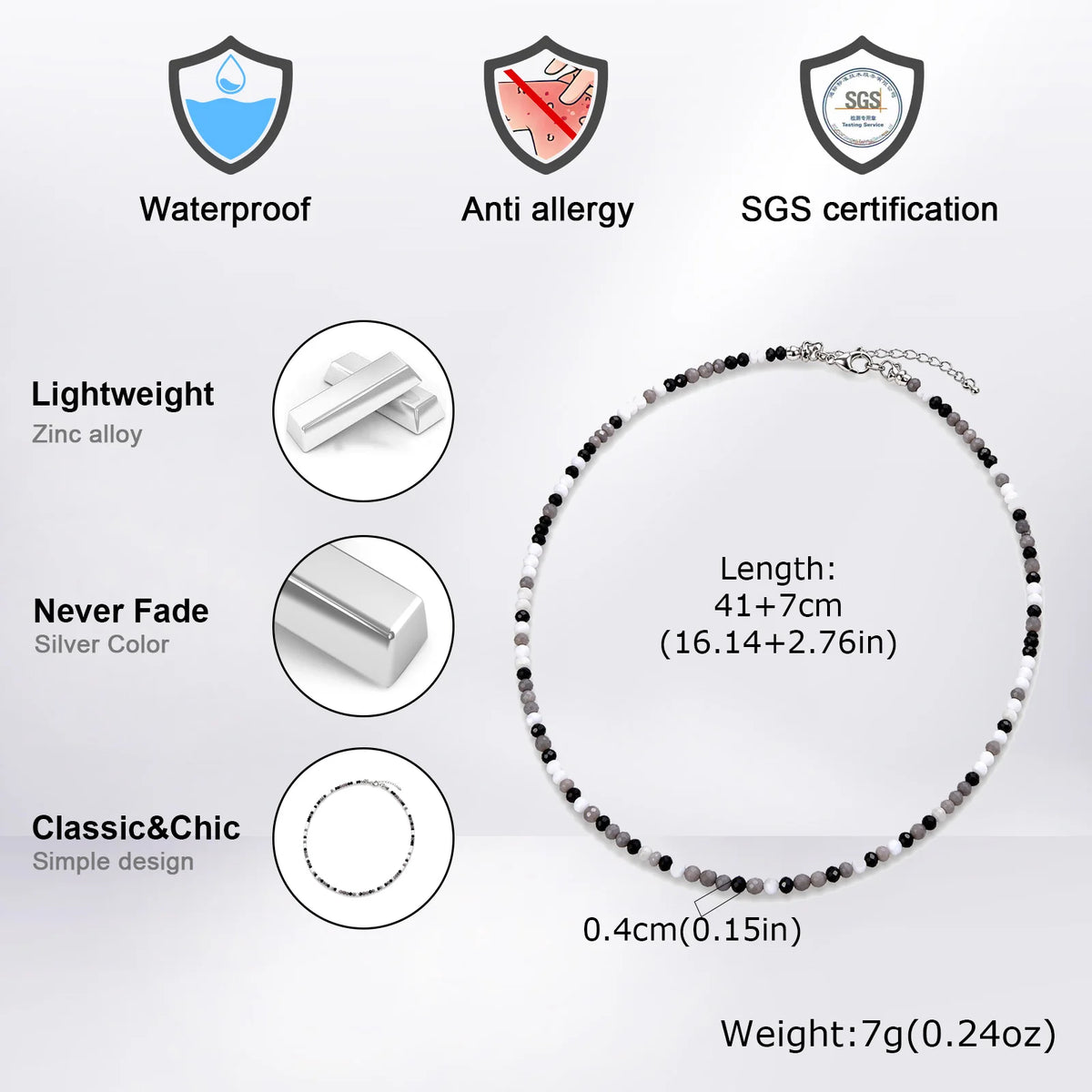 Vnox 41-48cm Adjustable Black White Crystal Beaded Choker Necklace for Men Women, Trendy Minimalist Clavicle Chain Jewelry Gift
