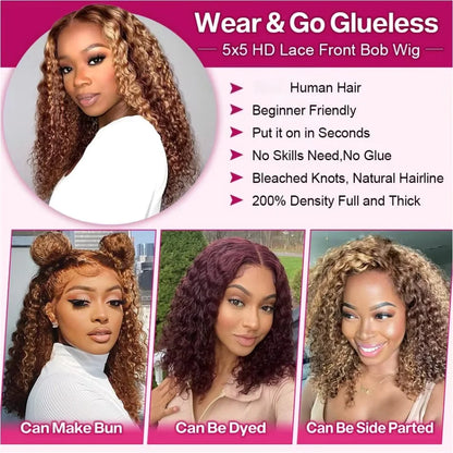 P4/27 Highlight Ombre Curly Bob Wig – 5x5 HD Lace Closure Glueless Deep Wave