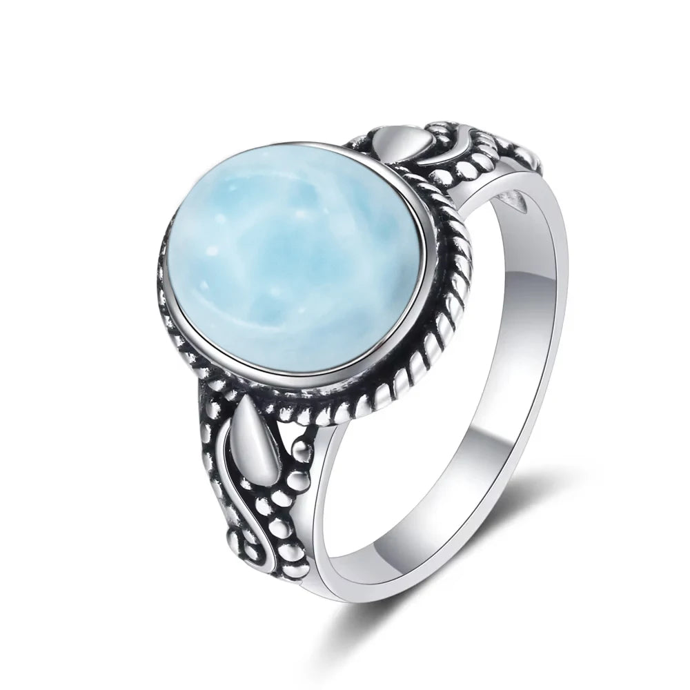 Vintage 925 Silver Natural Larimar Stone Ring Round Flower Shape Sky Blue Sea Water Ring Fine Jewelry Ring Gift For Women Men