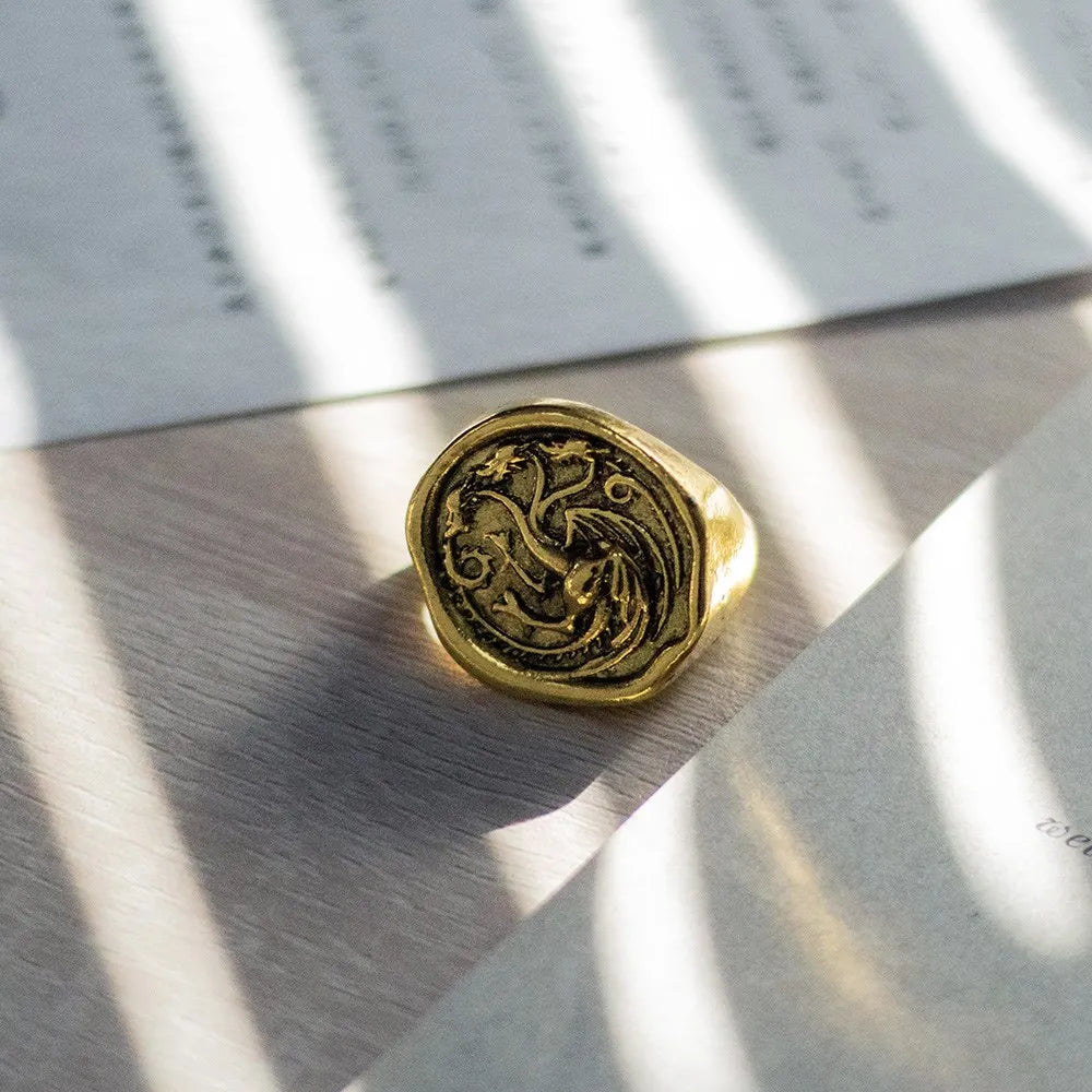 Dragon House Targaryen Ring Cosplay Three Head Dragon Golden Alloy Metal Rings Jewelry Party Costume Accessories Gifts