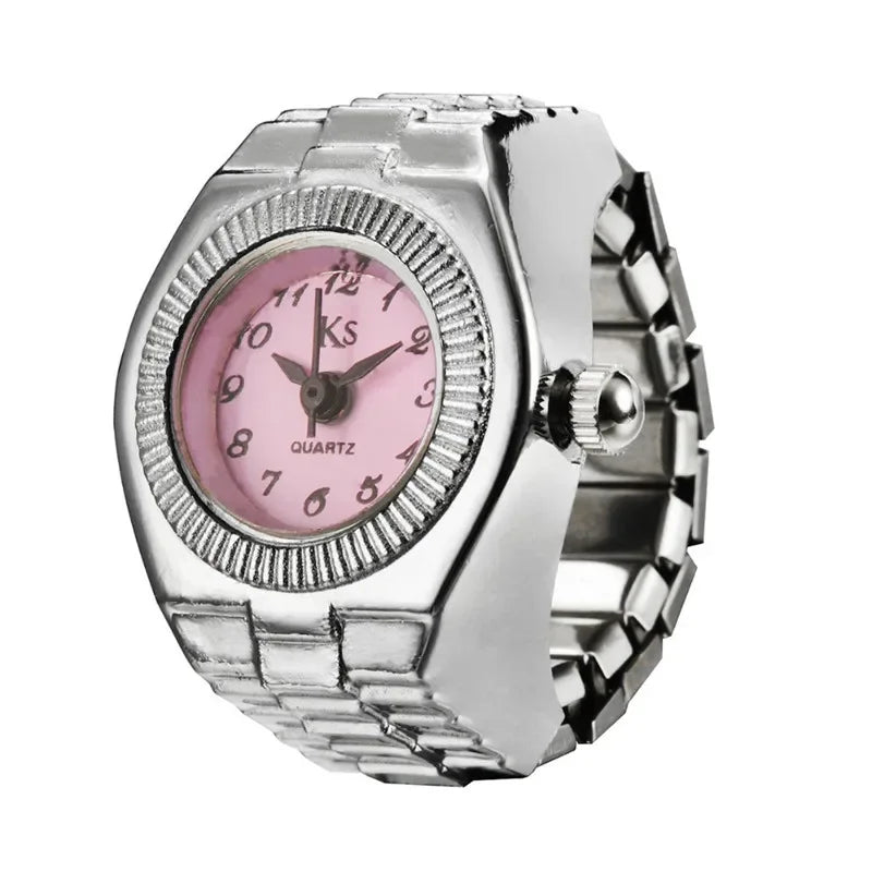 Punk Mini Quartz Watch Clock Finger Rings for Men Women Stainless Steel Elastic Strap Punk Couple Roman Ring Jewelry Gifts