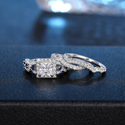 3Pcs/Set 925 Sterling Silver Rings Princess Cut Blue CZ Luxury Wedding Engagement Party Jewelry Set for Women Fashion Accessory