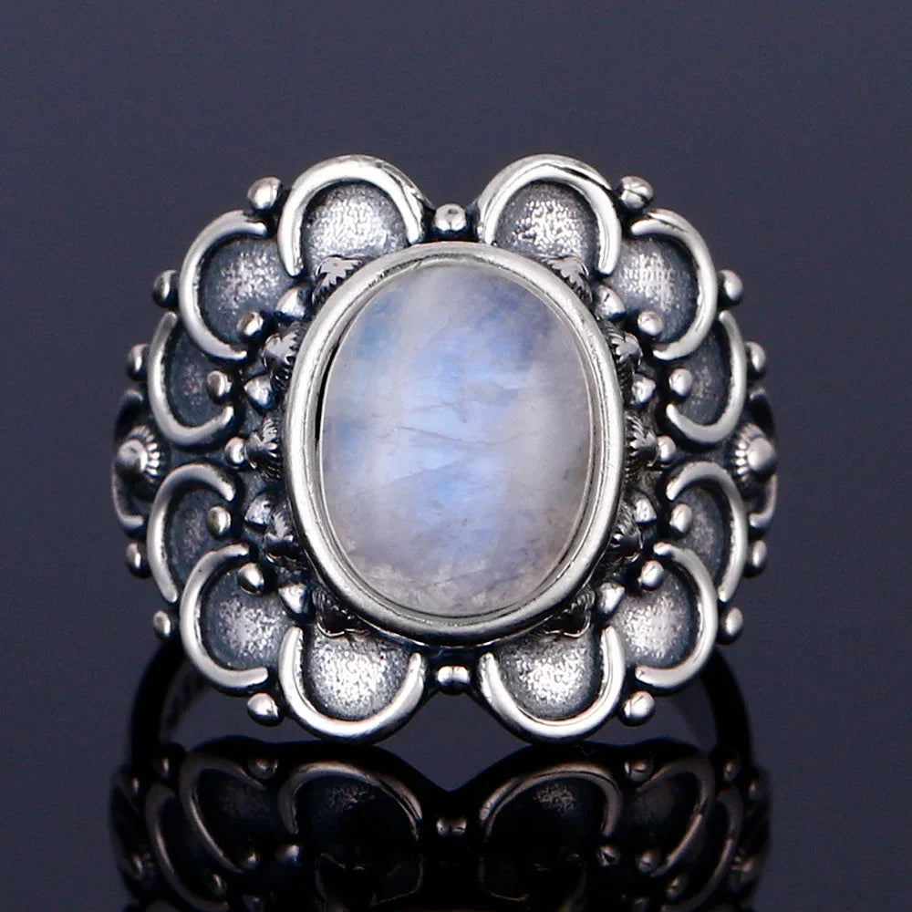 Round Oval Big Natural Moonstones Rings Women's Silver Plated Rings Gifts Vintage Fine Jewelry