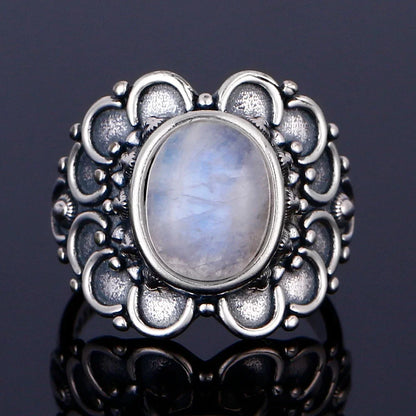 Round Oval Big Natural Moonstones Rings Women's Silver Plated Rings Gifts Vintage Fine Jewelry