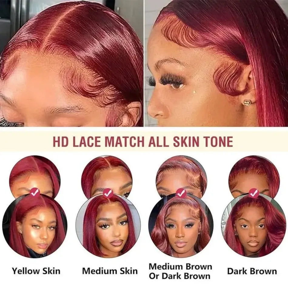 99J Burgundy 13x6 HD Lace Frontal Wig – 250% Density Body Wave, 30–36 Inch Red Colored