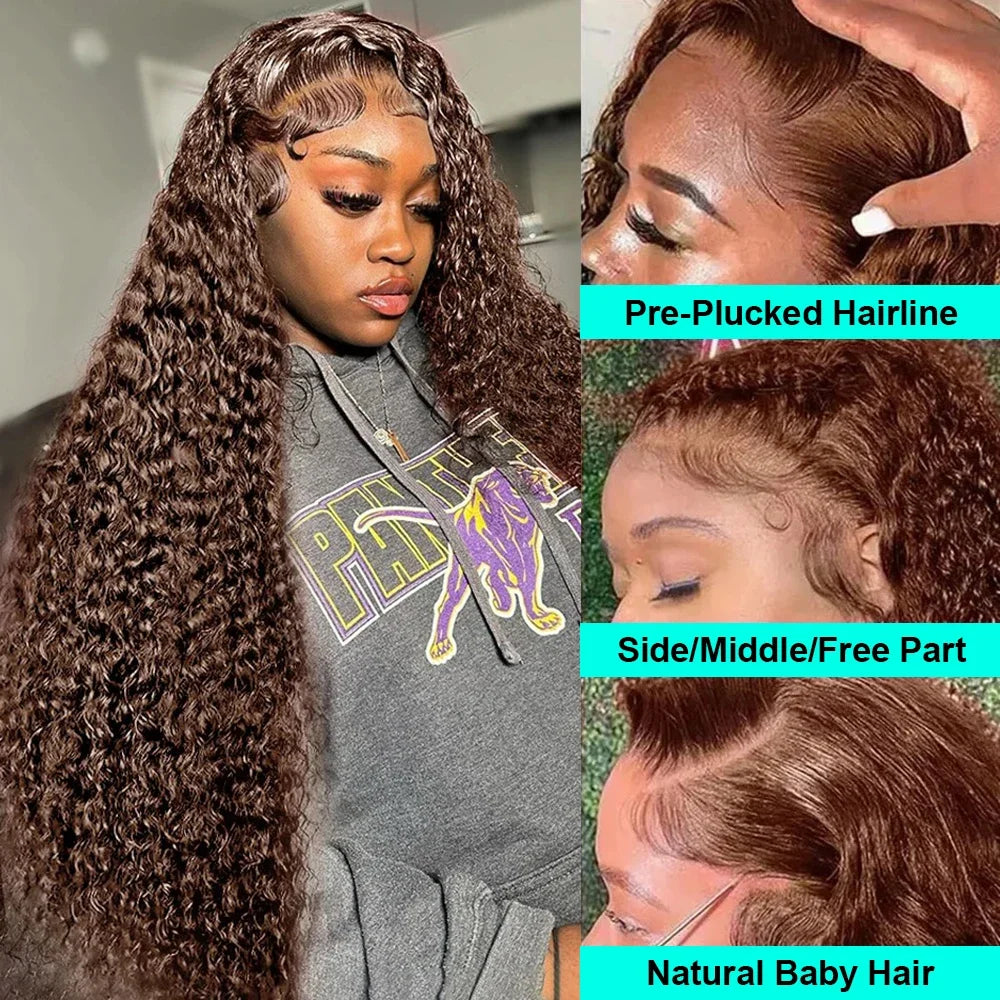 Chocolate Brown Deep Curly Lace Front Wig – Water Wave HD 13x4, 13x6 & 4x4, 30–38 Inch
