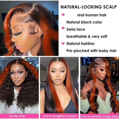 Ginger Orange Highlight Body Wave Lace Wig – 13x6 HD Pre-Plucked with Baby Hair, 250%