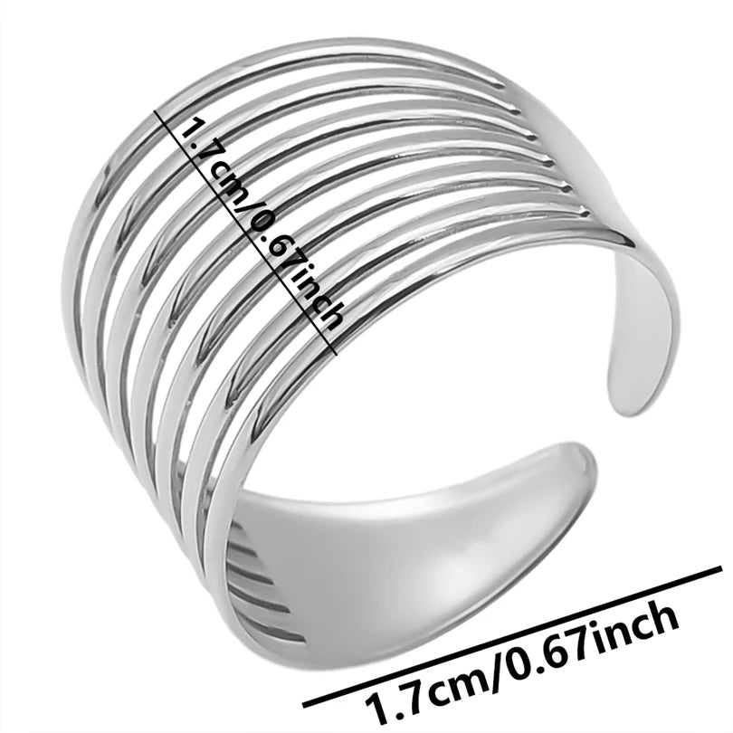 1Pc Stainless Steel Waterproof Women Personality Textured Chunky Open Rings Vintage Hollow Irregular Multi-layer Anillos Jewelry