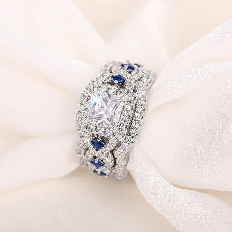 3Pcs/Set 925 Sterling Silver Rings Princess Cut Blue CZ Luxury Wedding Engagement Party Jewelry Set for Women Fashion Accessory