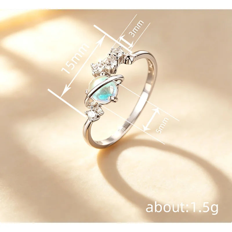 925 Sterling Silver Novel Imitation Moonstone Rings for Women Exquisite Planet Design Wear Rings Trendy Party Hot Sale Jewelry