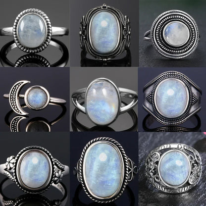 Round Oval Big Natural Moonstones Rings Women's Silver Plated Rings Gifts Vintage Fine Jewelry