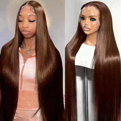 Chocolate Brown Straight 13x6 HD Lace Frontal Wig – Pre-Plucked 46 Inch, 13x4 Transparent