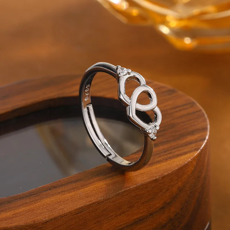 New Small Fresh Heart Shaped Creative Double Love Hollow 925 Sterling Silver Jewelry Fashion Crystal Opening Rings  R137