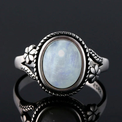 Round Oval Big Natural Moonstones Rings Women's Silver Plated Rings Gifts Vintage Fine Jewelry