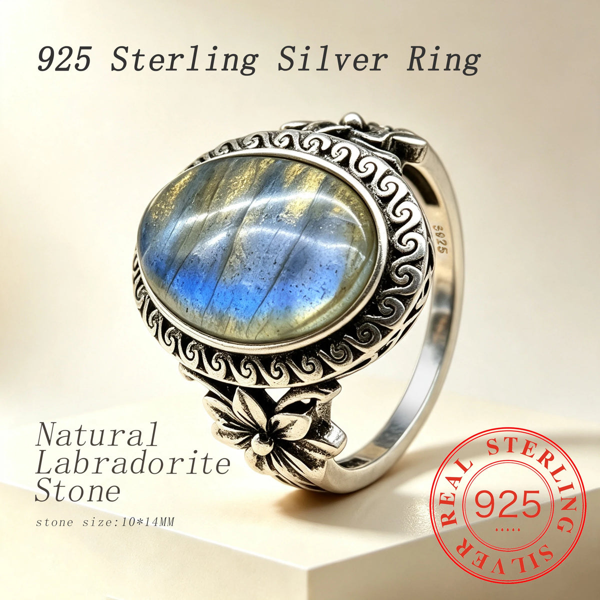 925 Sterling Silver Natural Labradorite Rings Oval Shape 10*14MM Large Stone and Flower Vintage Retro Silver Jewelry For Women