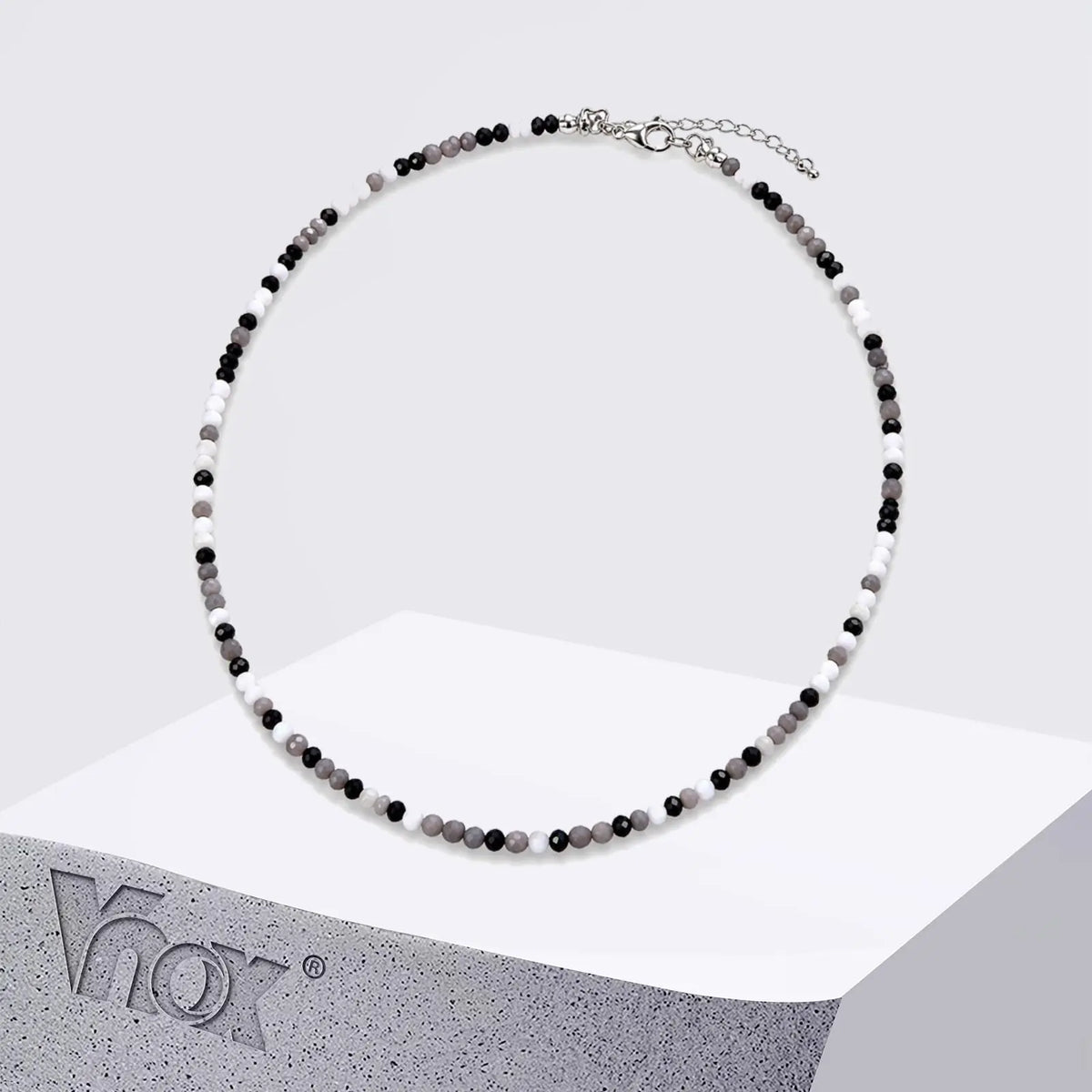 Vnox 41-48cm Adjustable Black White Crystal Beaded Choker Necklace for Men Women, Trendy Minimalist Clavicle Chain Jewelry Gift