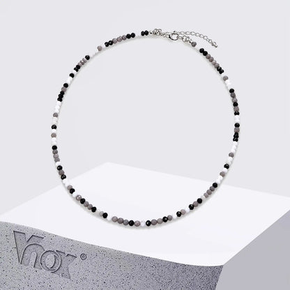 Vnox 41-48cm Adjustable Black White Crystal Beaded Choker Necklace for Men Women, Trendy Minimalist Clavicle Chain Jewelry Gift
