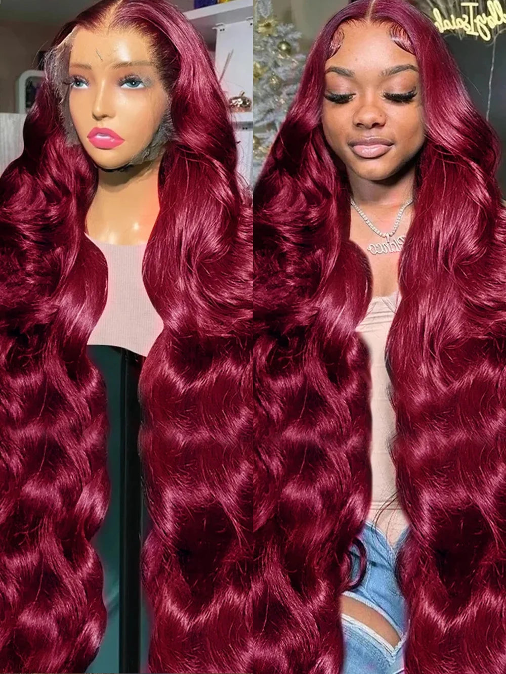 99J Burgundy Red Body Wave Lace Front Wig – HD Transparent 13x6 & 13x4