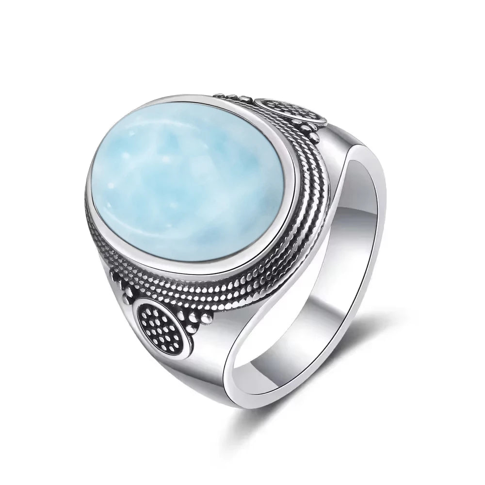 Vintage 925 Silver Natural Larimar Stone Ring Round Flower Shape Sky Blue Sea Water Ring Fine Jewelry Ring Gift For Women Men