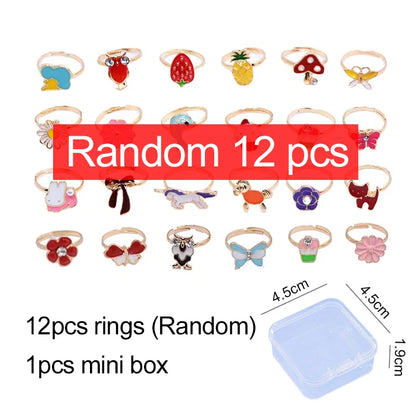 6/12/36pcs Cute Adjustable Rings for  Pretend Play Makeup Toys for Girls Cartoon Crystal Jewelry Alloy Rings Gifts for Girls