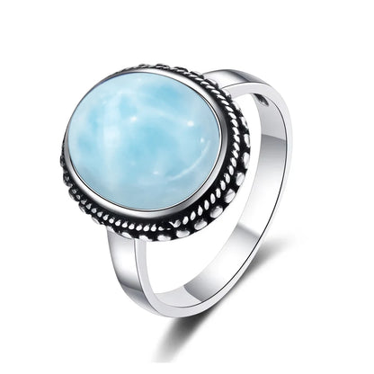 Vintage 925 Silver Natural Larimar Stone Ring Round Flower Shape Sky Blue Sea Water Ring Fine Jewelry Ring Gift For Women Men