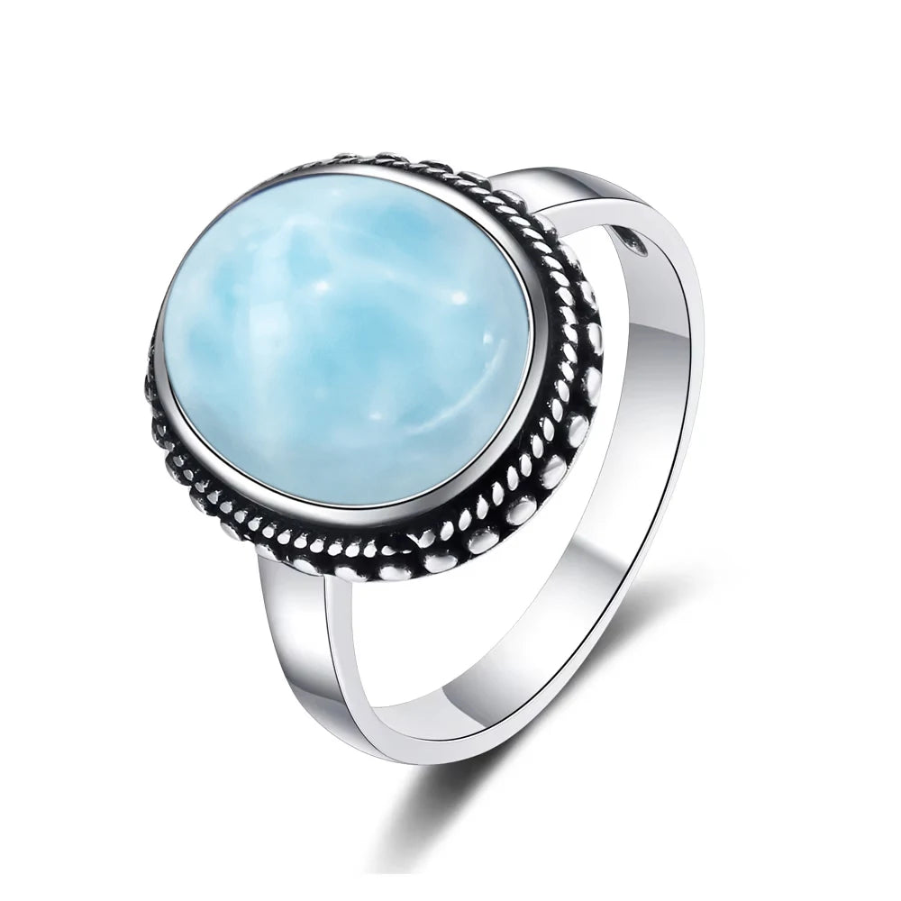 Vintage 925 Silver Natural Larimar Stone Ring Round Flower Shape Sky Blue Sea Water Ring Fine Jewelry Ring Gift For Women Men