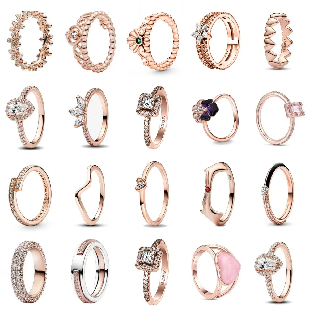 Rose Gold Clor Flower Heart Pink Ring New Hot Selling  Rings Suitable For  Matching DIY Birthday Gift 925 Silver