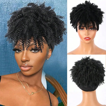 Afro Kinky Curly Headband Wig – Dark Brown Synthetic Wrap Wig with Bangs, 2-in-1