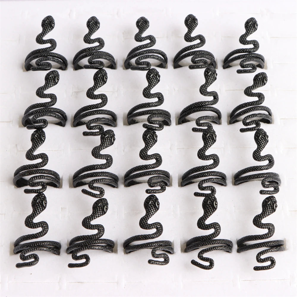 10pcs/lot Men Retro Punk Snake Rings For Women Antique Siver Color Opening Adjustable Jewelry Party Gifts