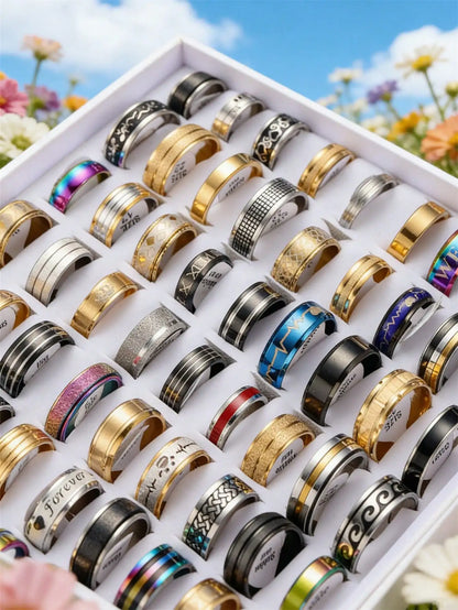 5/10/20/30/50/100/200pcs Stainless Steel Chain Rings, Mixed Punk Hip-Hop Rhinestone Inlaid Couple Rings, Finger Jewelry