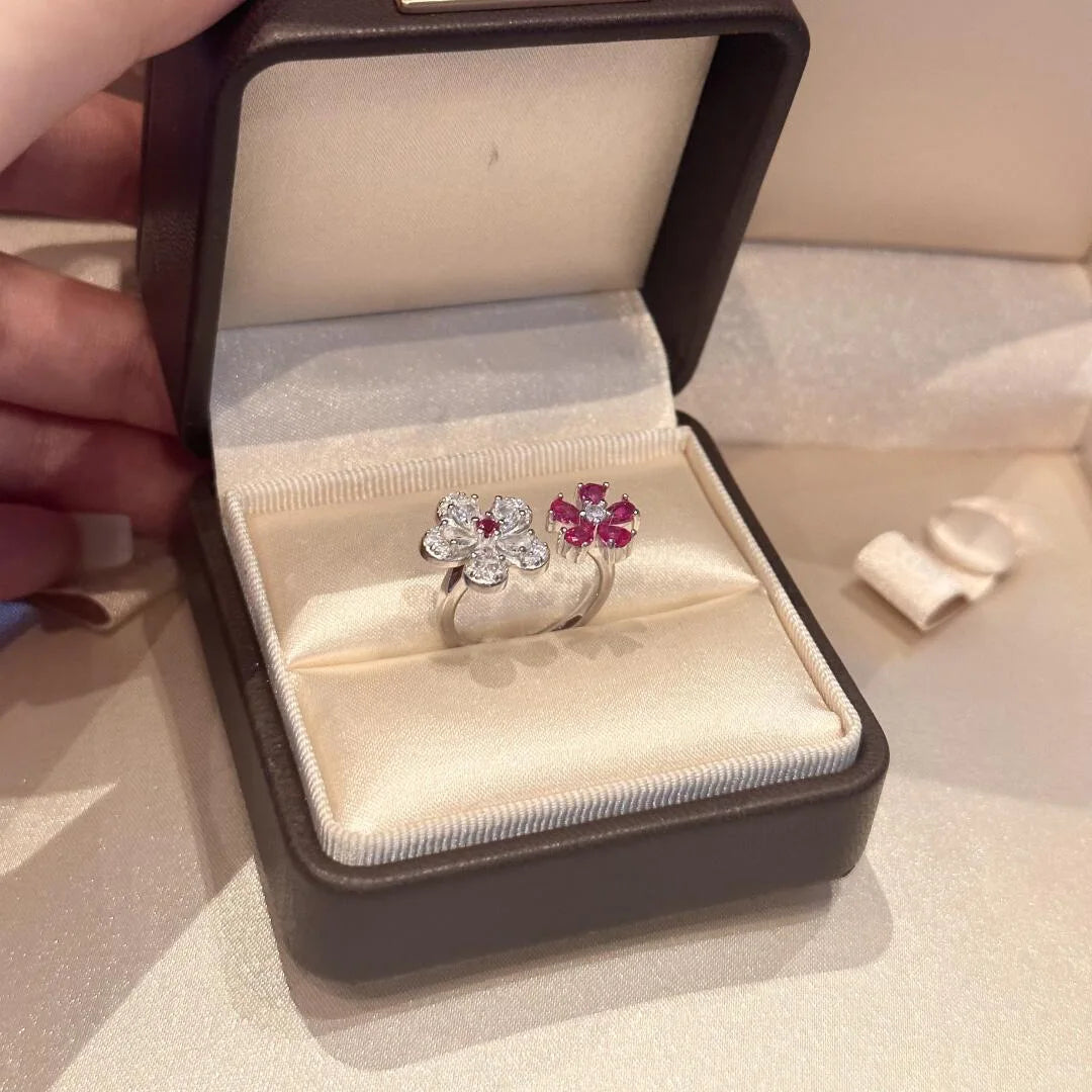 Fashion and High quality dazzling silver 925 full diamond red flower rings for women light luxury and exquisite jewelry gifts