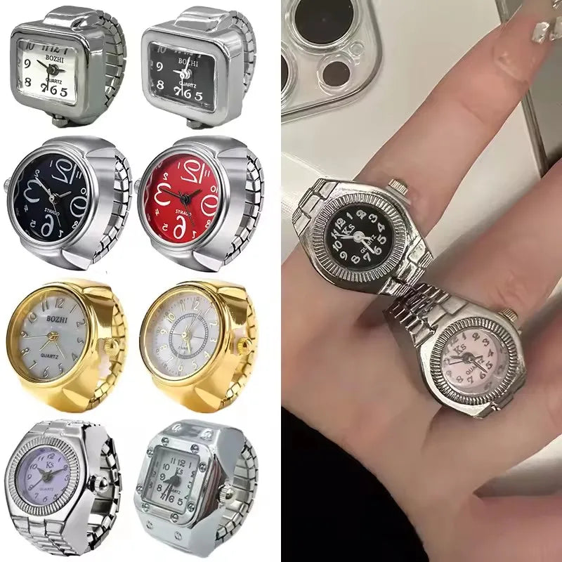 Punk Mini Quartz Watch Clock Finger Rings for Men Women Stainless Steel Elastic Strap Punk Couple Roman Ring Jewelry Gifts