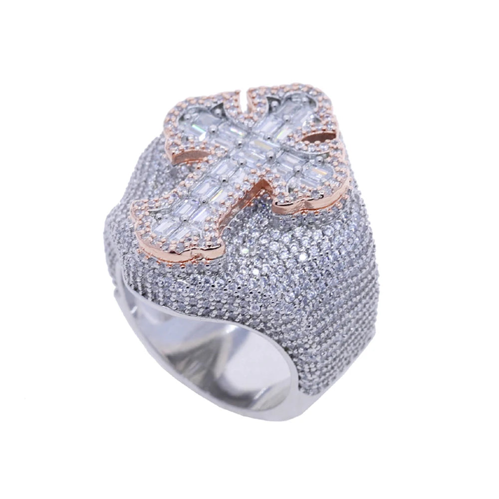 New Two Tone Color Cross Ring Iced Out Bling 5A CZ Stone Zircon Prong Setting Luxulry Finger Rings Men Women Hip Hop Jewelry