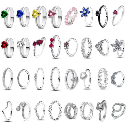 925 Silver Women Jewerly Accessories Ring Size 6 7 8 9 Pink Heart CZ Stone Red Black Rings DIY Birthday Gift Party