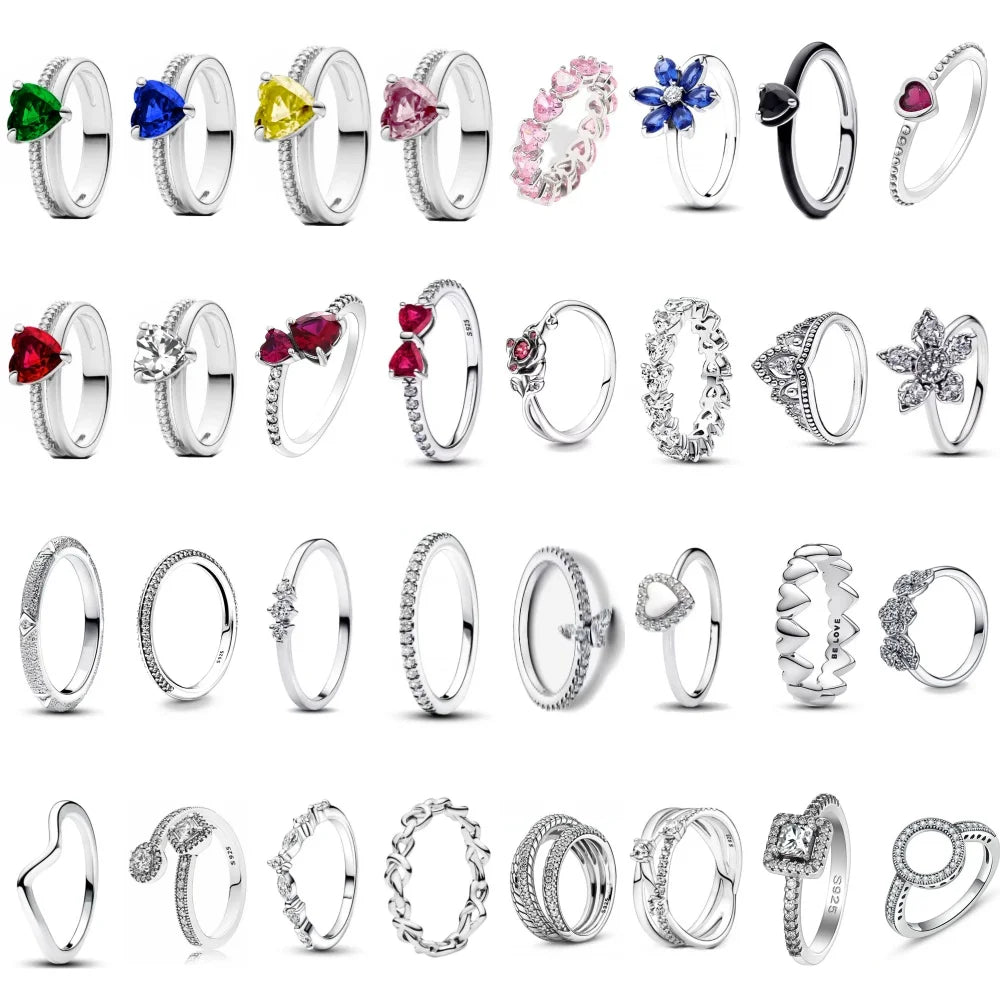 925 Silver Women Jewerly Accessories Ring Size 6 7 8 9 Pink Heart CZ Stone Red Black Rings DIY Birthday Gift Party