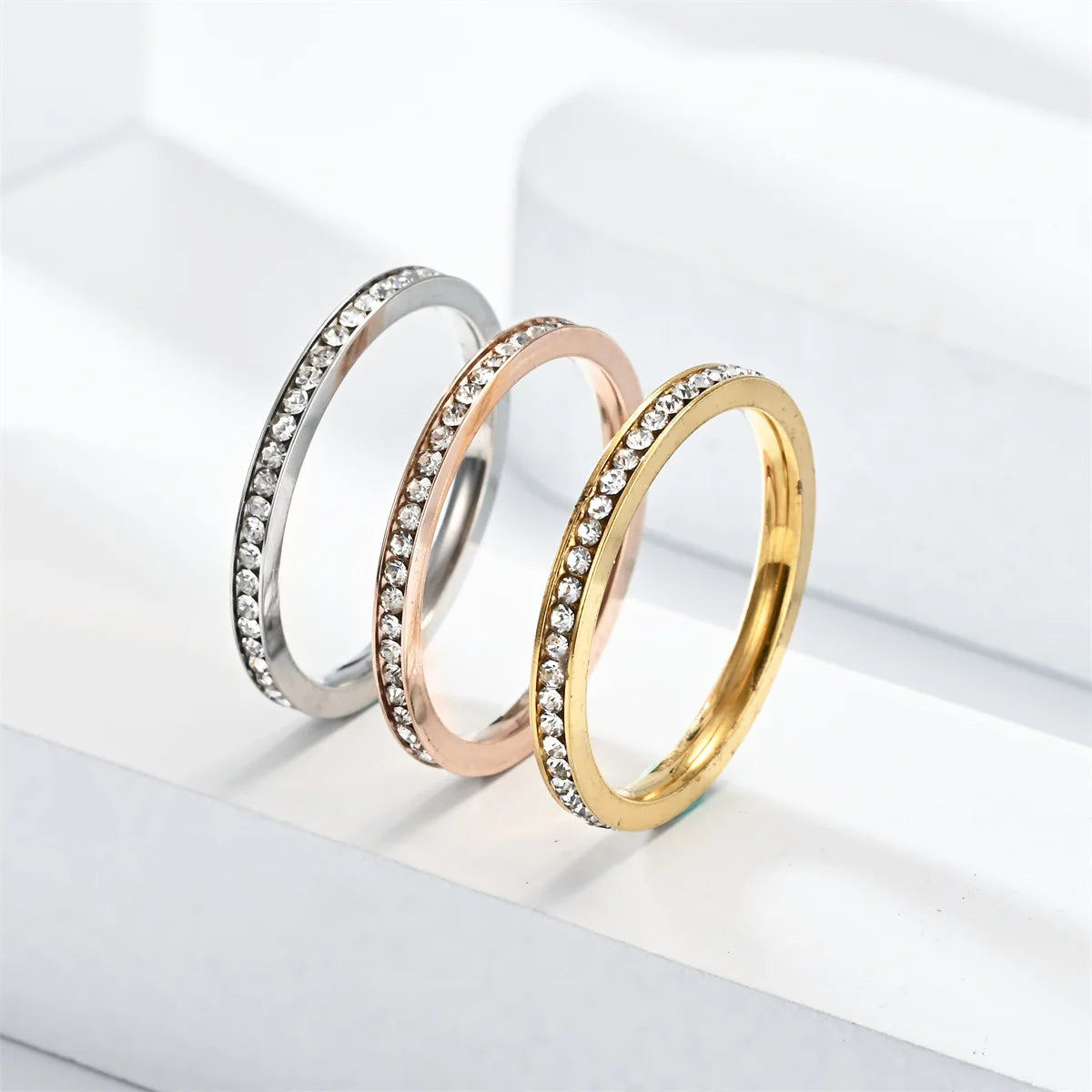 2mm Iced Out Bling Ring Female Silver Plated Stainless Steel Cubic Zircon Wedding Engagement Rings for Women Jewelry Gift