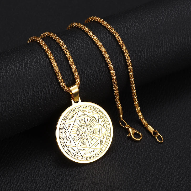 Stainless Steel 7 Archangel Seal Necklace Men's Solomon Kabbalah Seal Pendant Supernatural Protection Amulet Magical Jewelry