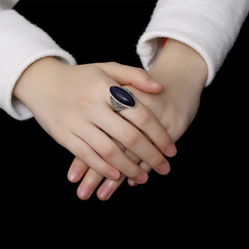 Rings for Women Silver Plated Fine Jewelry Vintage Blue Aventurine Turquoise Hollow Out Elegant Finger Ring Gift
