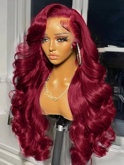 99J Burgundy Body Wave 13x4 HD Lace Frontal Wig – 250% Density, 34 Inch Pre-Plucked
