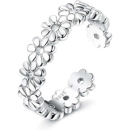 Fansilver S925 Sterling Silver Toe Rings for Women Adjustable White Gold Plated Flower Summer Beach Open Toe Rings Foot Jewelry