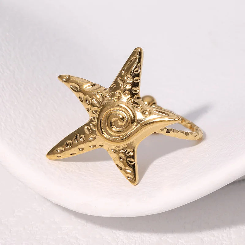 Bohemian Stainless Steel Ring Woman Vintage Jewelry Starfish Heart-Shaped Geometry Adjustable Open Rings Prom Accessories Gift