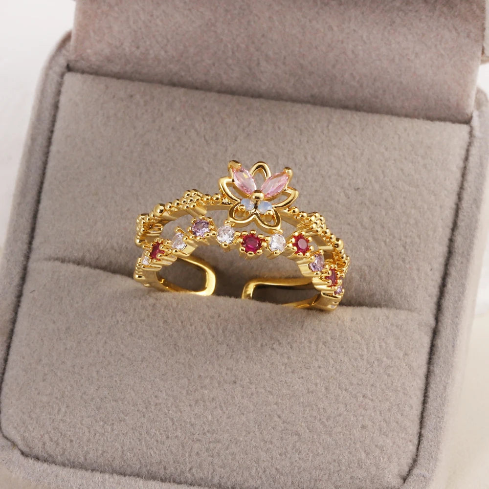 100 styles 14K Gold Plated Color Zircon Flower Crown Bow Open Ring Women Adjustable Stackable Finger Rings Wedding Jewelry Gift