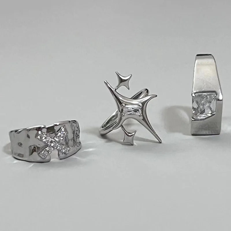 Punk Harajuku Y2K Shiny Star Cross Crystal Rings for Women Unisex Couple Engagement Ring Party Creative Jewelry