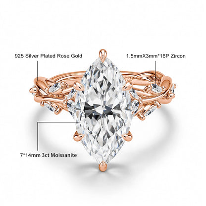 Real 14K Gold Filled Moissanite Wedding Ring 3CT Marquise Cut GRA Diamond Nature-Inspired Au585 Engagement Ring for Women