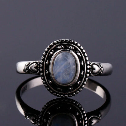 Round Oval Big Natural Moonstones Rings Women's Silver Plated Rings Gifts Vintage Fine Jewelry