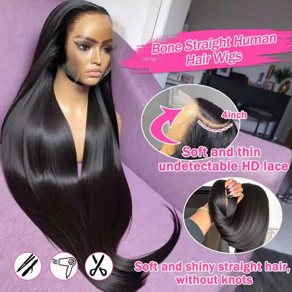 Bone Straight Glueless HD Lace Frontal Wig – 13x4 & 13x6 Transparent Lace, 40–42 Inch
