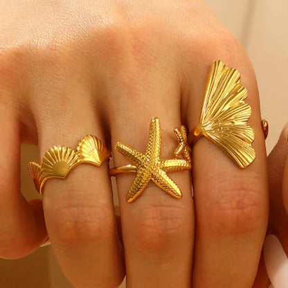 MHS.SUN Ocean Style Stainless Steel Starfish Shell Rings For Women Men Vintage Gold Plated Open Ring Summer Beach Jewelry