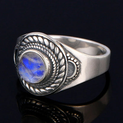 Round Oval Big Natural Moonstones Rings Women's Silver Plated Rings Gifts Vintage Fine Jewelry