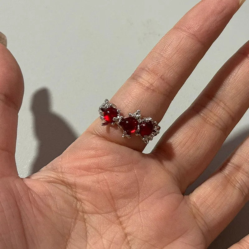Goth Red Crystal Butterfly Heart Open Rings for Women Trend Vintage Adjustable Finger Rings Halloween Jewelry