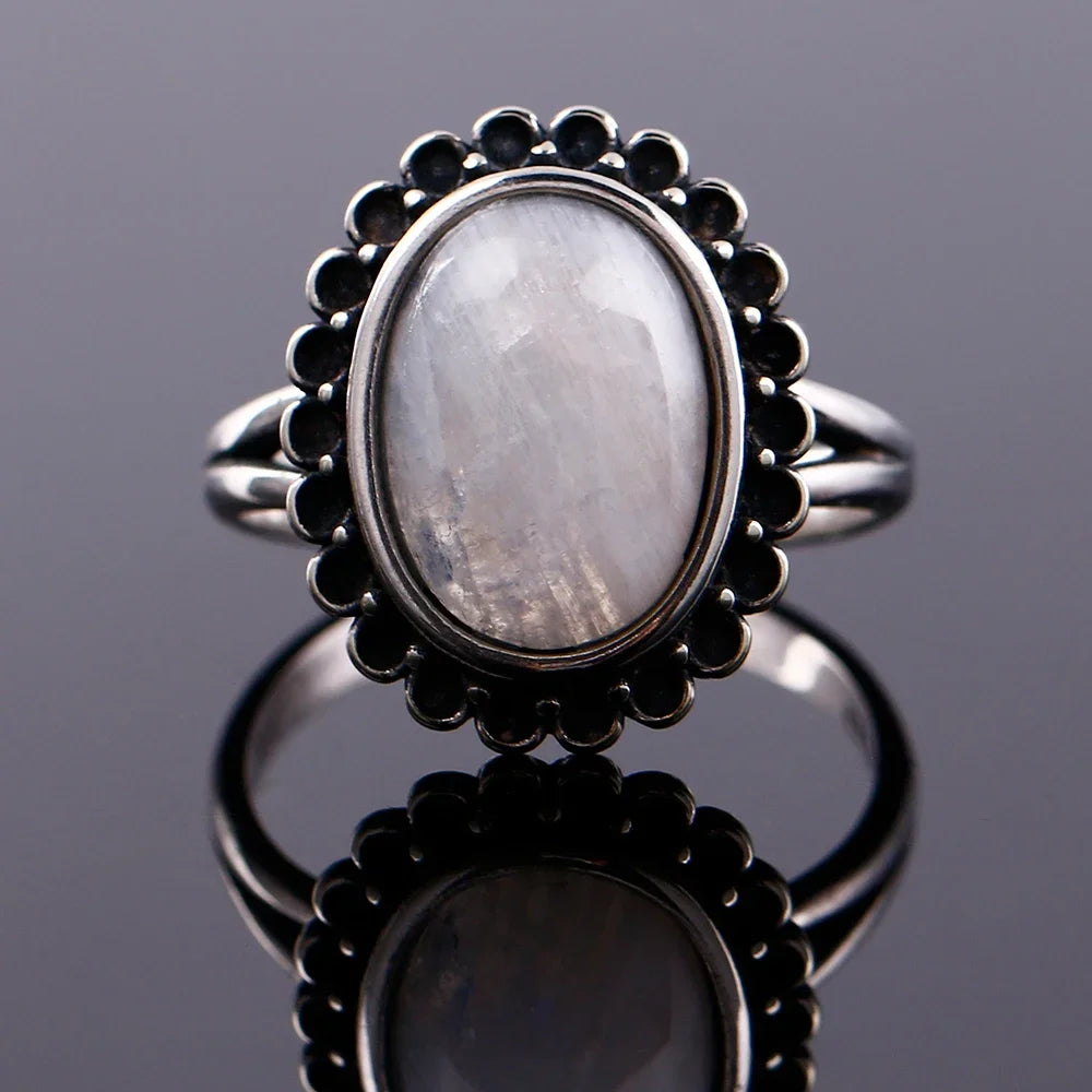 Round Oval Big Natural Moonstones Rings Women's Silver Plated Rings Gifts Vintage Fine Jewelry